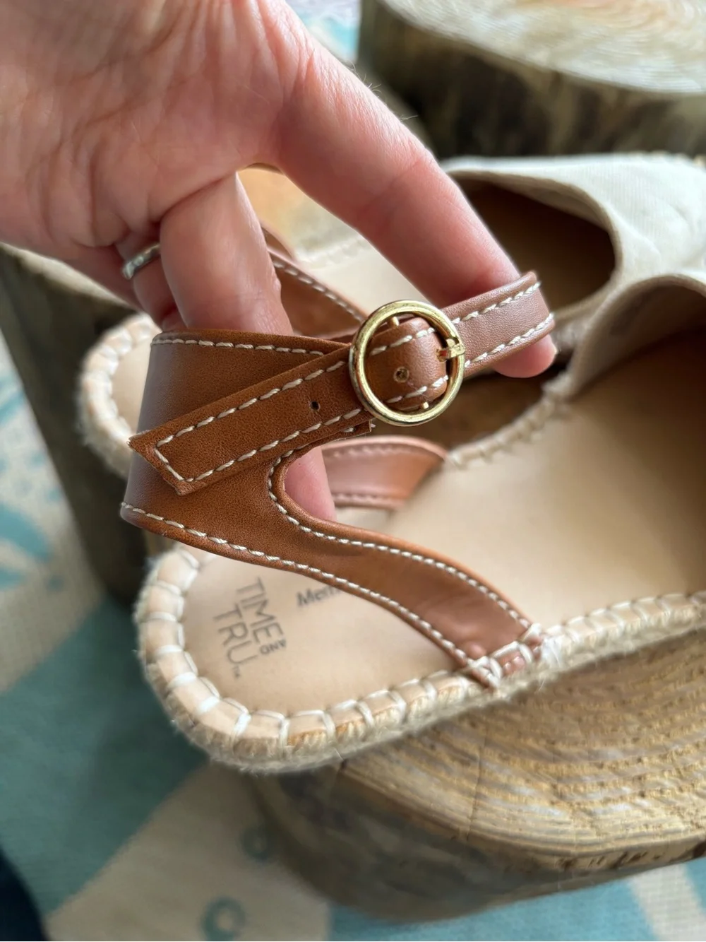Time and Tru Beige Canvas Espadrille Sandals with Tan Ankle Strap
